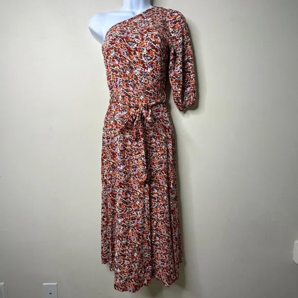 American Eagle Multicolor Floral One Shoulder Belted Midi Dress XS - Picture 2 of 10